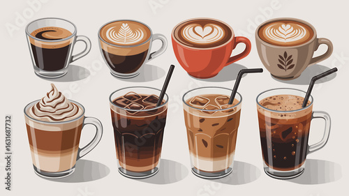 Variety of Coffee Drinks Illustration with Latte Art and Iced Coffee Refreshments For Cafe Menu or Coffee Shop