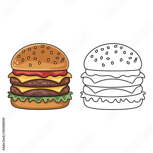 Colorful cartoon hamburger illustration with sesame seed bun and double patty plus a monochrome outline version on a white background