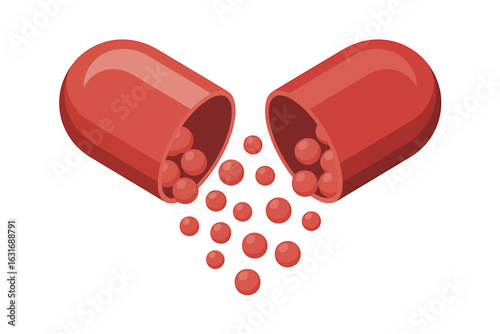 Red Pill Capsule with Granules for Medicine and Healthcare Red Color Medication and Treatment Symbol for Pharmaceutical Industry and Pharmacy