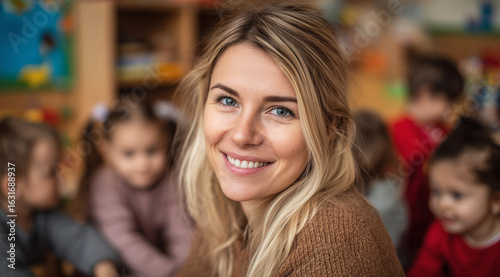 Blonde junge Frau im Kindergarten macht Ausbildung zur Erzieherin