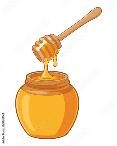 Golden honey dripping from a wooden dipper into a glass jar of honey illustration for food related content