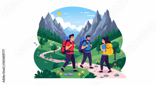 Hiking Vector Illustration of People Backpacking in Mountain Landscape Cartoon Style