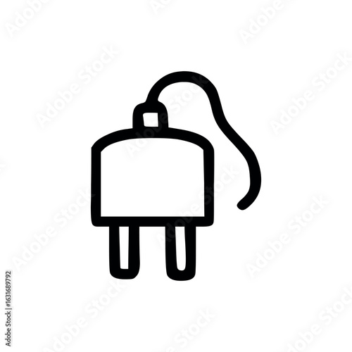 Illustration of a simple electrical plug with two prongs and a curved cord on a white background