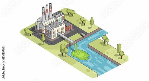 Isometric Vector Illustration of Factory Polluting River Environmental Design Modern Style