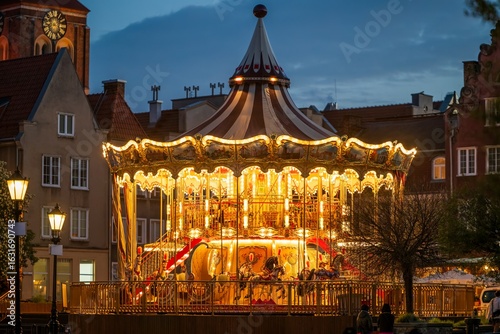 Brighting carousel in Gdansk at night