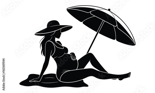 Silhouette of pregnant woman in swimsuit and hat relaxing under beach umbrella vector