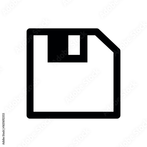 Illustration of a floppy disk icon with a black outline and a black rectangle at the top corner