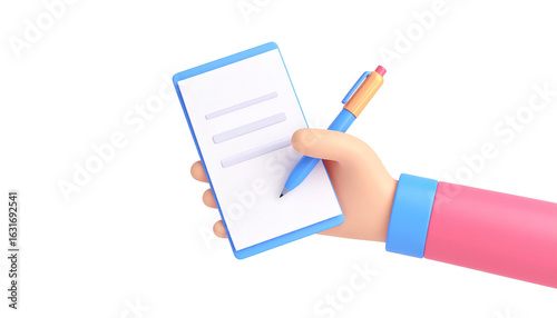 A hand holding a pen above a document, preparing to write. A 3D cartoon style image.