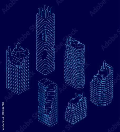 Ruined skyscrapers with unique contours stand against a blue background, arranged symmetrically with the tallest in the center. The stark white structures contrast sharply with the vivid.
