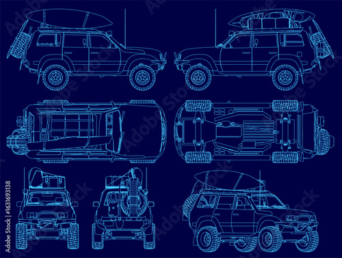 A detailed blueprint of a car displays the vehicle's contour and structural design. Key components like the engine, suspension, and body frame are clearly outlined.