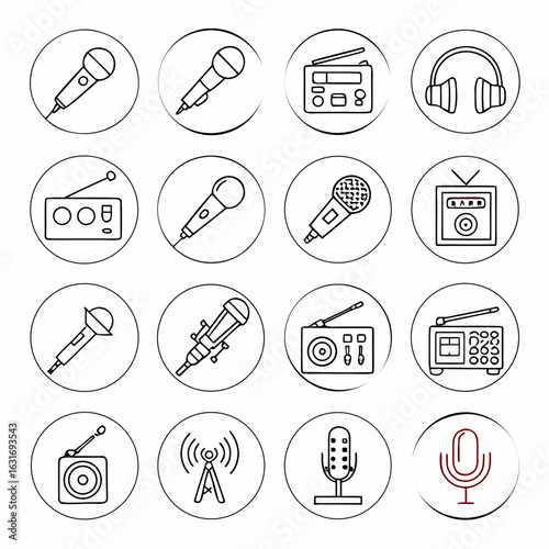 Collection of outline icons representing microphones radios and headphones for audio and broadcasting concepts