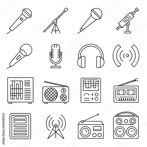 Collection of outline icons representing audio equipment including microphones headphones radios and broadcasting symbols