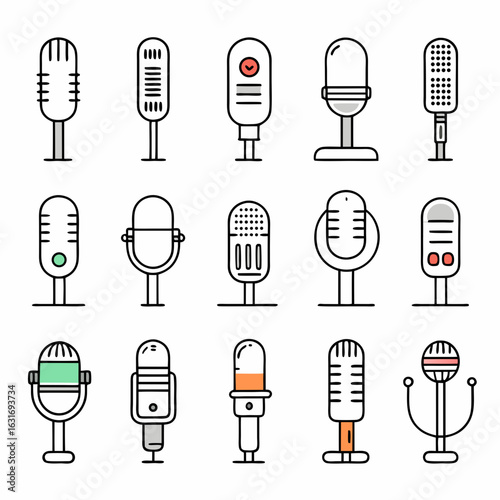 A collection of stylized flat design microphones in various colors and styles