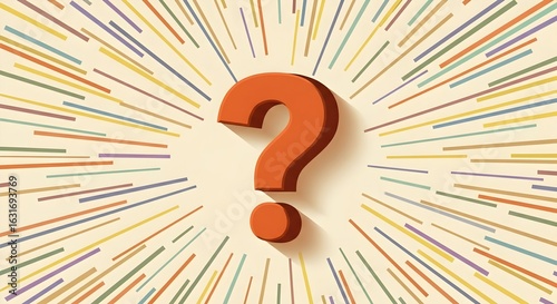 Orange Question Mark on Beige Background with Colorful Radial Lines