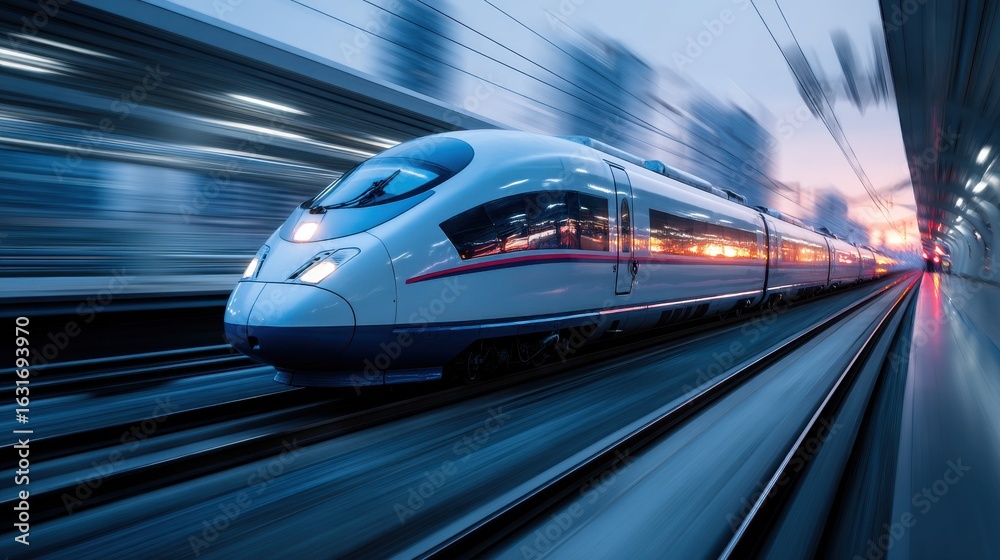 Fototapeta premium A sleek blue high speed train zipping through a railway station at rapid velocity blurring the surroundings due to its incredible speed and momentum