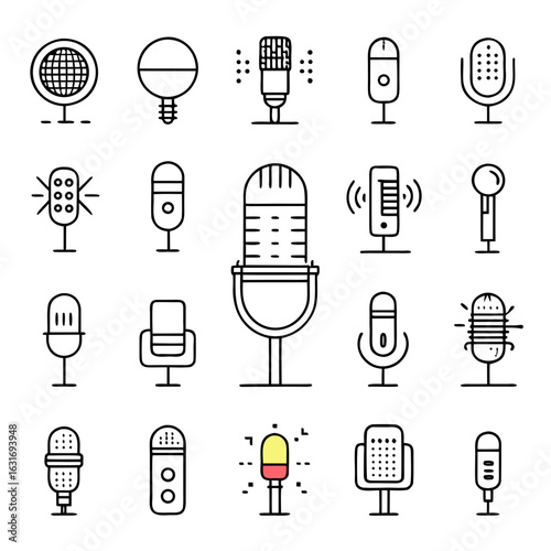 Collection of diverse microphone icons representing various styles and uses for audio recording and broadcasting