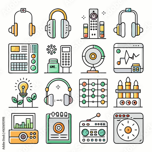 Collection of modern electronic devices and technology icons with a clean colorful and flat design style