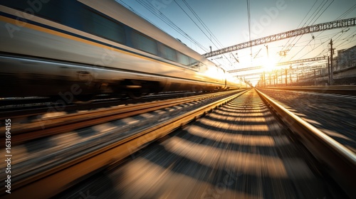 Blurred motion of a fast moving train racing along the railway tracks captured against the vibrant colors of the setting sun creating a dynamic and energetic scene