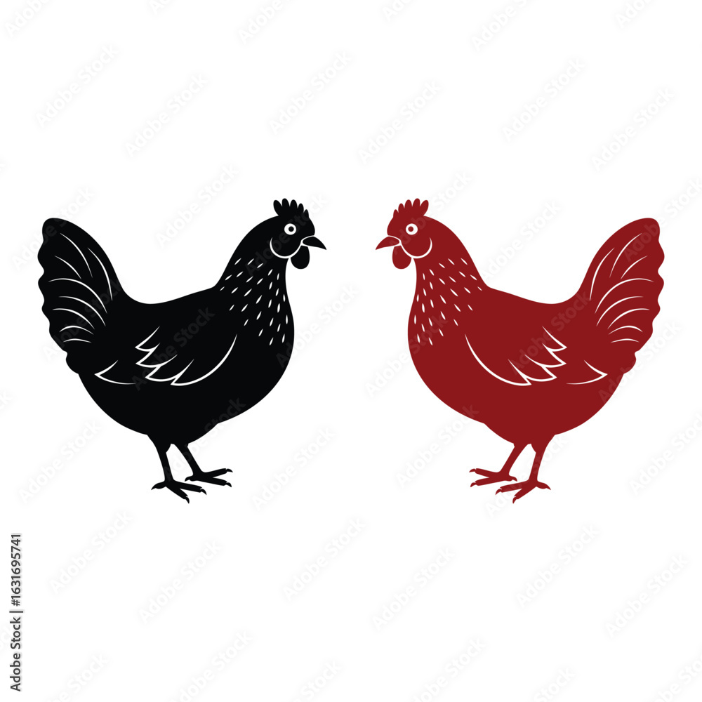 Fototapeta premium Vector art of black and red chicken silhouettes isolated on white background, farm animals