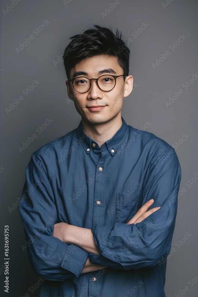 Fototapeta premium A man in glasses, wearing a blue shirt, stands confidently with arms crossed against a grey background.
