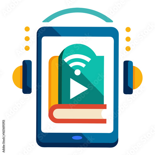 Digital audiobook experience with headphones and play button on a tablet
