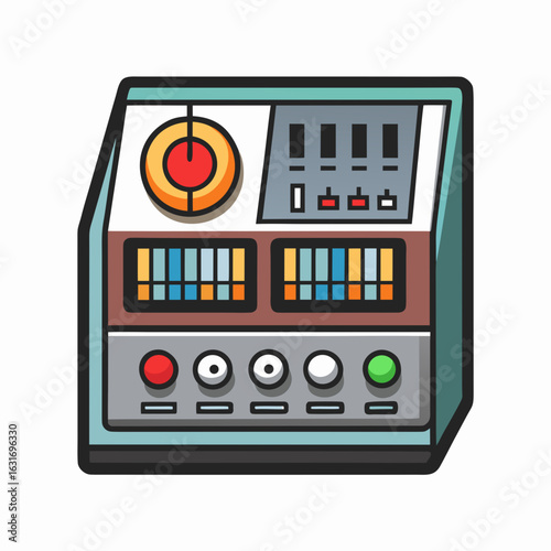Retro electronic control panel with colorful buttons and indicators for scientific or industrial use