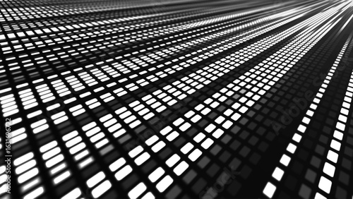 Monochrome illustration reminiscent of a light tunnel going to infinity. Geometrically verified rows of rectangles create the illusion of movement and acceleration. Gradients of black and white create