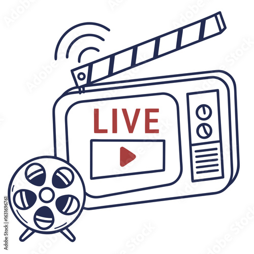 Live broadcast icon featuring a vintage television film reel and clapperboard with wi fi signals