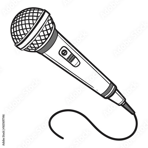 A classic black and white illustration of a wired microphone with a simple design and a curved cable