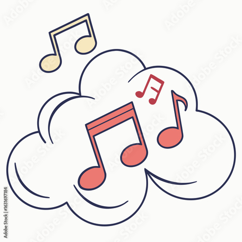 Whimsical cloud with floating musical notes in coral and yellow hues