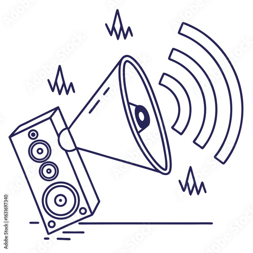 Dynamic loudspeaker and megaphone icon emitting sound waves and vibrations