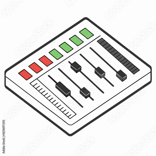 Isometric view of a modern audio mixing console with sliders and illuminated buttons