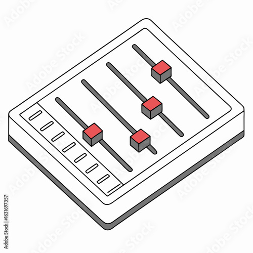 Isometric illustration of a white audio mixing console with four sliders and a row of buttons