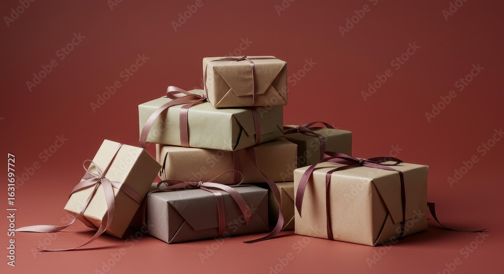 Obraz premium Stack of Elegantly Wrapped Gifts in Earthy Tones Against a Deep Red Background