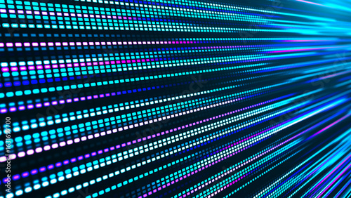 An illustration with many colored glowing lines and square segments going into the distance. The effect of movement from neon light. Suitable for themes related to technology, futurism and club visual