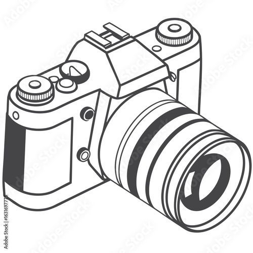 A minimalist line art illustration of a modern digital camera with a prominent lens