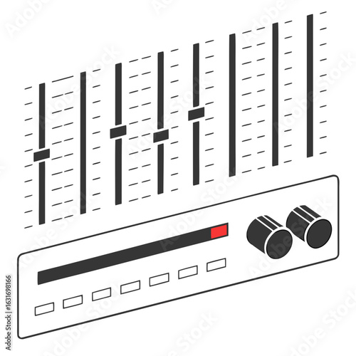 Modern audio mixing console with sliders knobs and a vu meter in a clean isometric illustration style