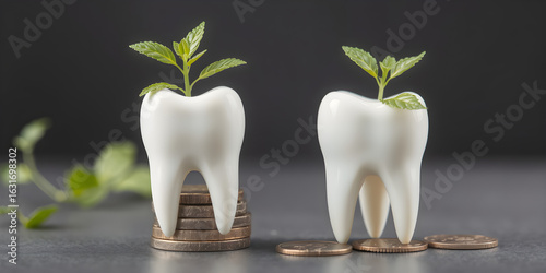 A small green plant growing from coins beside a tooth model, concept of dental investments.
