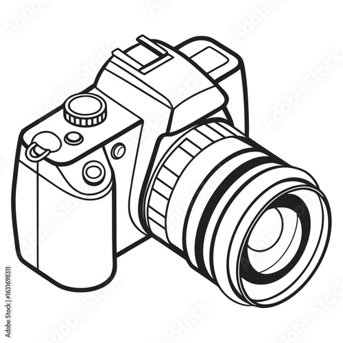 Stylized black and white line art illustration of a modern digital slr camera with a zoom lens