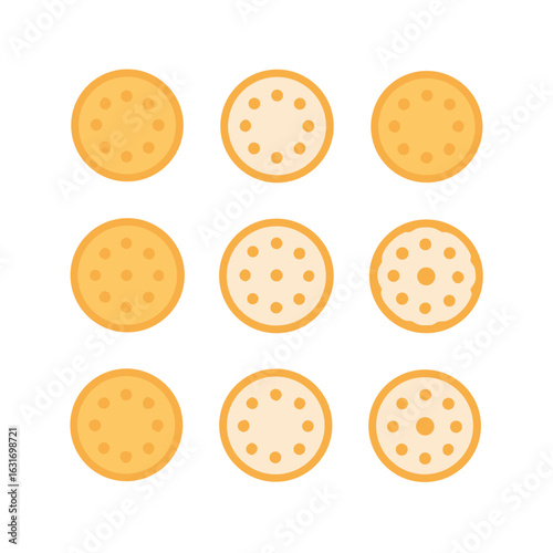 A grid of nine round crackers with different perforations and colors on a black background