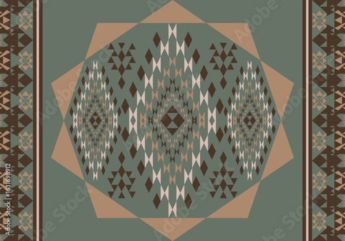 Seamless geometric textile pattern dull green background with diamond, triangle, and zigzag motifs, showcasing cultural elegance in vibrant, symmetrical arrangements.