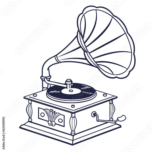 Vintage gramophone with large horn and spinning record detailed outline illustration