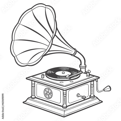 Vintage gramophone with a detailed drawing of a phonograph playing a record
