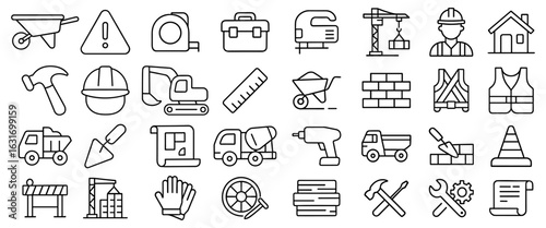 Construction site outline icons depict construction worker building site equipment tools and industrial vehicles create a visual representation of the building process suitable