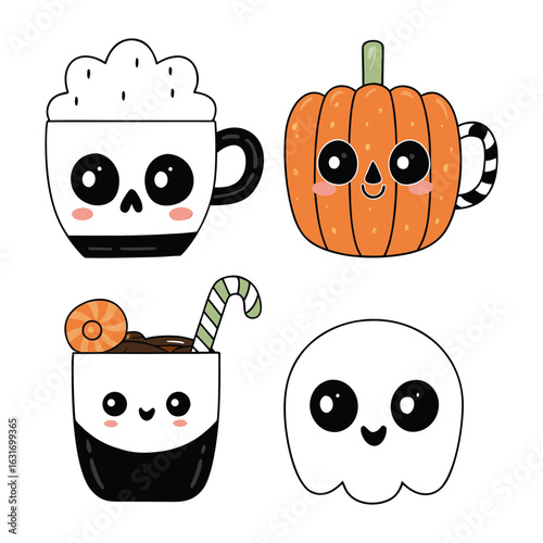 Set  of Halloween coffee mugs collection vector with cute spooky