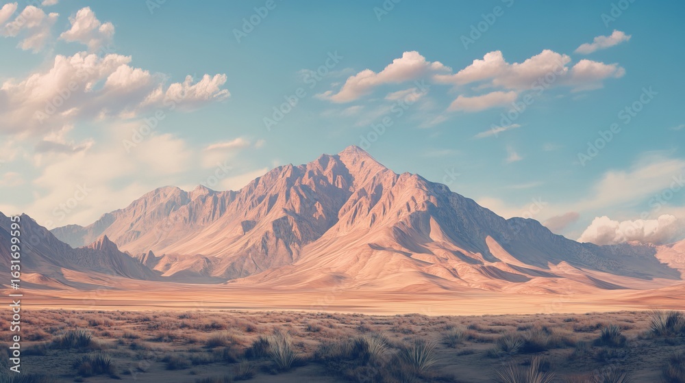 Naklejka premium Expansive desert landscape with prominent mountains under a bright blue sky and scattered clouds