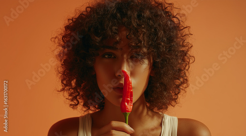 Closeup view portrait of attractive woman holding chilli pepper near her mouth, cropped studio portrait on white background. Sensual model flirting, biting pepper's tip.