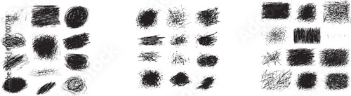Chaotic scribble and scratch brush silhouette set, rough hand-drawn texture, high-resolution vector, black ink on clean white.
