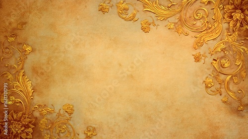 Antique Background Design with Golden Embellishments and Vintage Flowers
