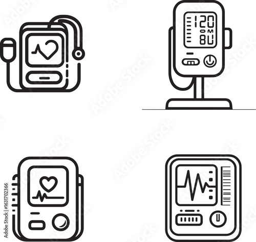 Blood pressure monitor icon, vector line art style, editable stroke, black and white healthcare symbol.